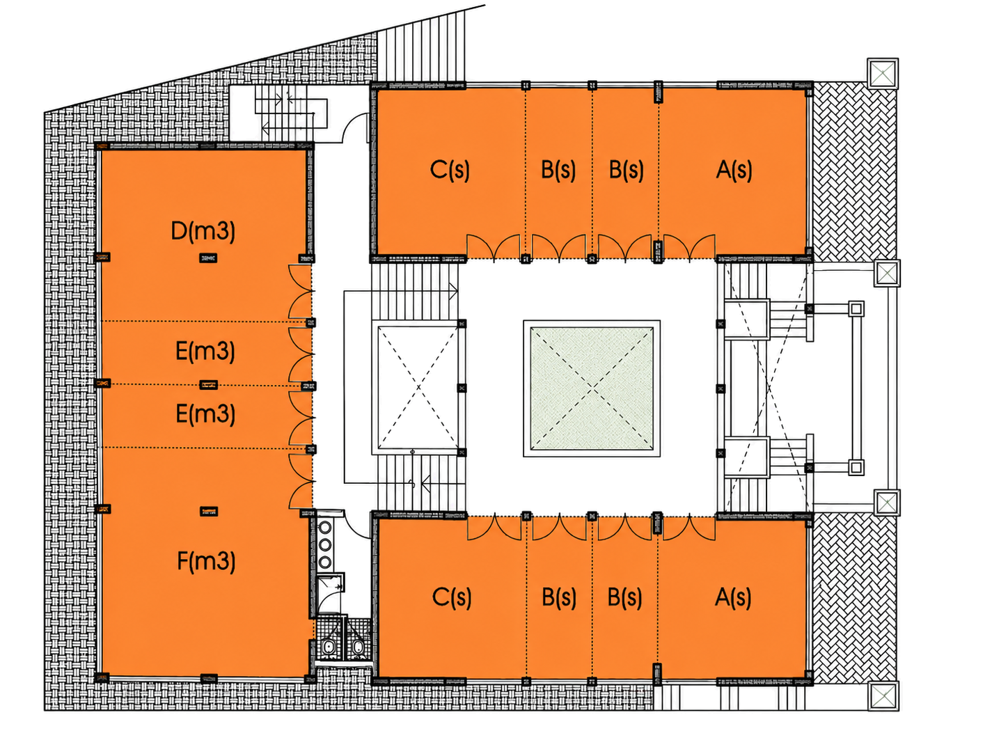 Second floor plan showing fully available units around the central court